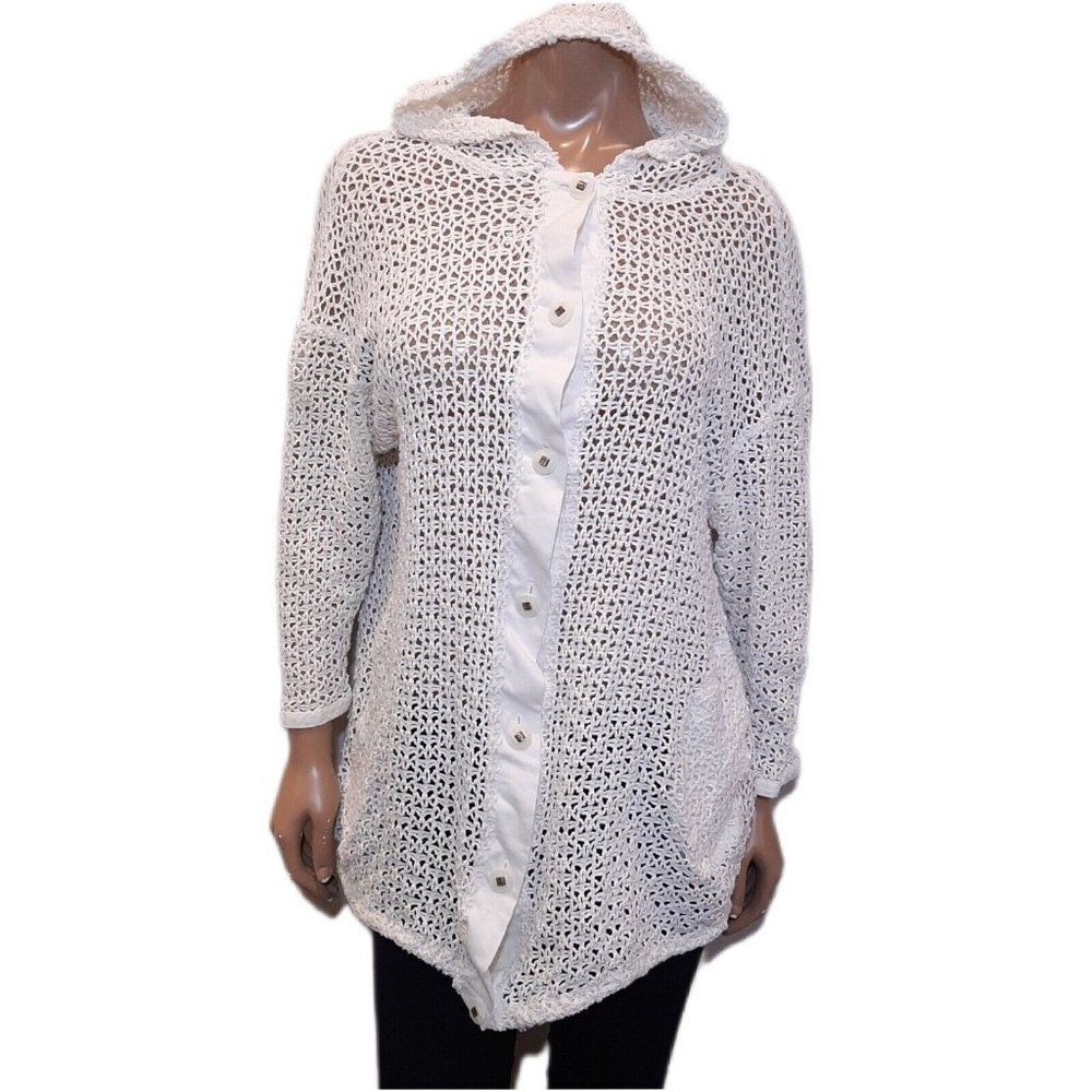 💠Vtg Addition Elle Fishnet Jacket Women Plus One Size White Hooded Button Knit